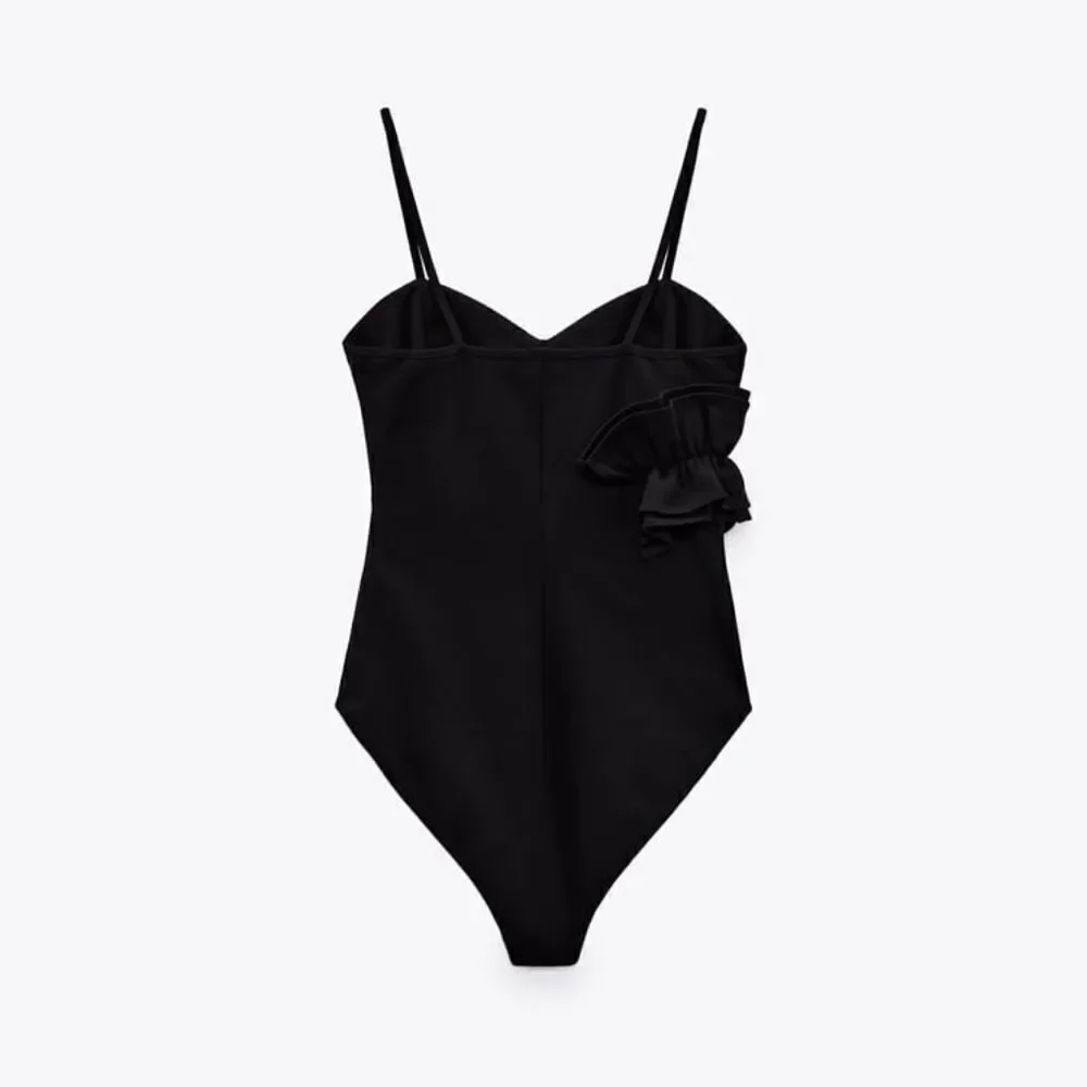 NWT ZARA Ruffle Bodysuit BLACK SIZE SMALL FLOWER - Picture 4 of 6